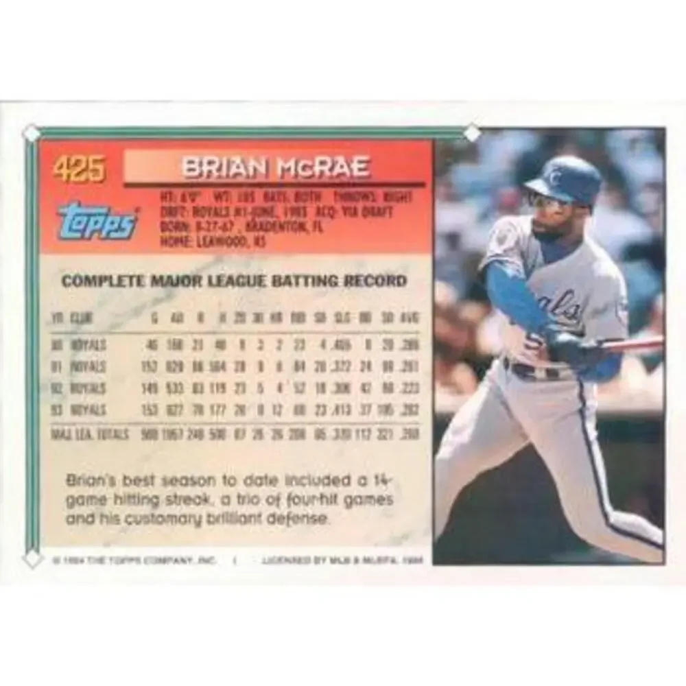 1994 Topps Brian McRae # 425 Kansas City Royals